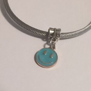 Gold With Blue Smiley Face Dangle Charm for Pandora Style Bracelet‎